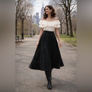 Vintage Leather Suede Skirt Black Midi Toff's 18-22W Classic